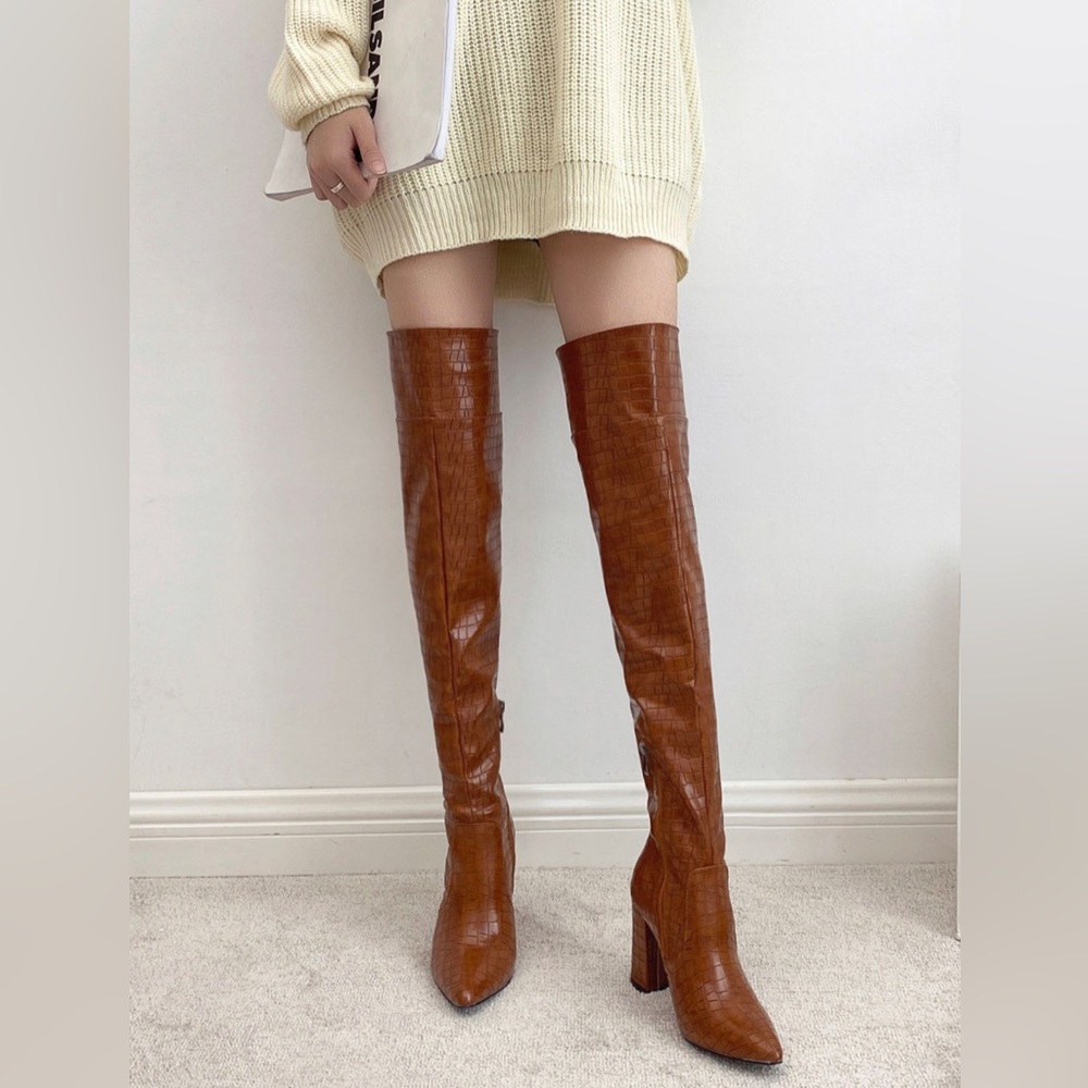 SHEIN thigh high snake print boots